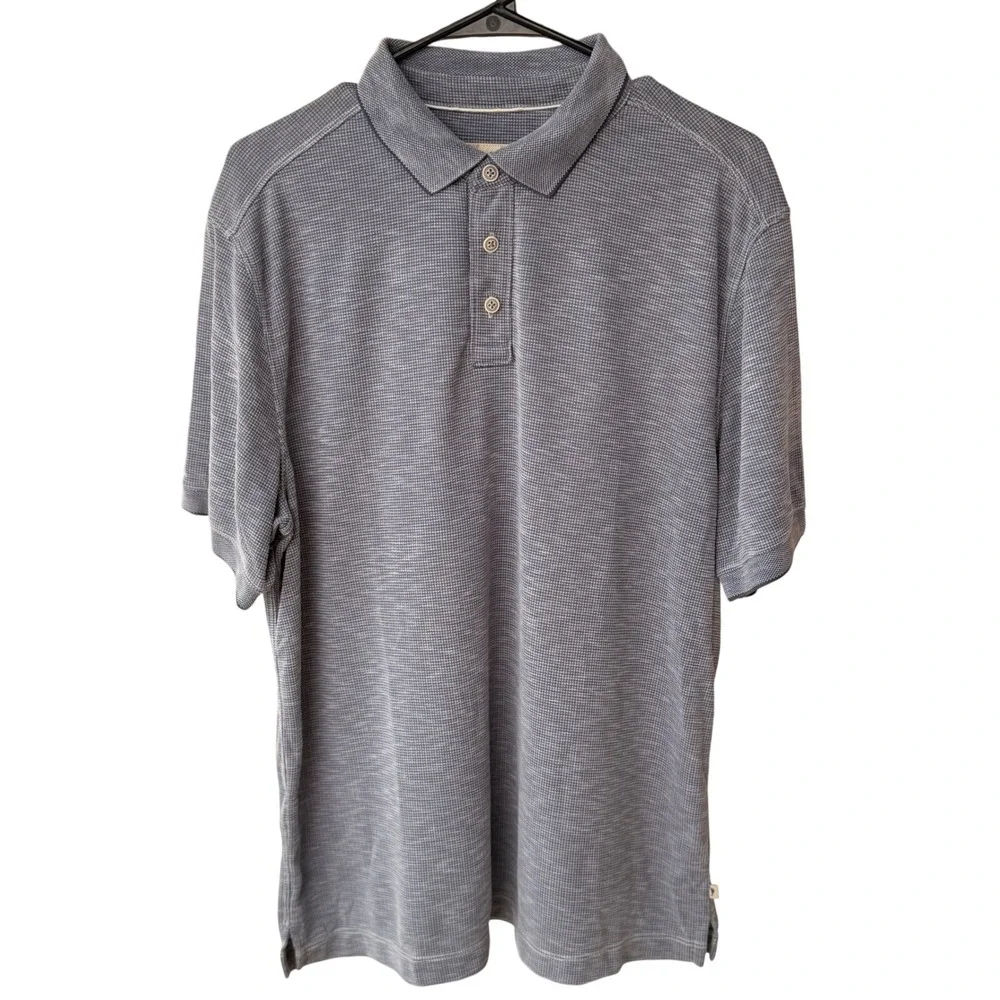 Tommy Bahama Mens Large Blue Grey Micro Grid Tencel Modal Blend Polo Shirt